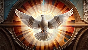 The outpouring of the Holy Spirit and the dawn of golden light: symbols of Easter, the Eucharist and the dove. photo