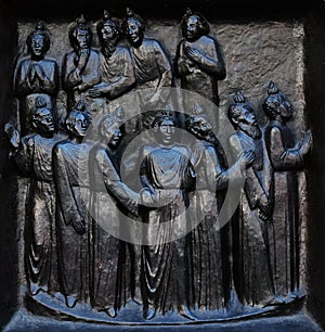 The outpouring of the Holy Spirit on Pentecost, relief on the door of the Grossmunster church in Zurich