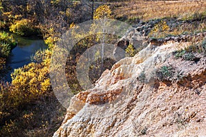 The output of limy rocks of organic origin near the river. Western Siberia, Russia