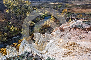 The output of limy rocks of organic origin near the river. Western Siberia, Russia