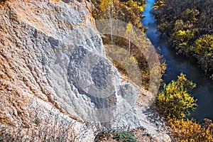 The output of limy rocks of organic origin near the river. Western Siberia, Russia