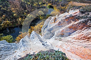 The output of limy rocks of organic origin near the river. Western Siberia, Russia
