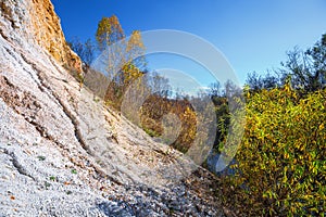 The output of limy rocks of organic origin near the river. Western Siberia, Russia