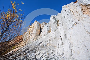 The output of limy rocks of organic origin near the river. Western Siberia, Russia