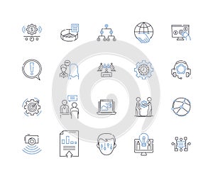Output line icons collection. Results, Yield, Outcome, Production, Performance, Feedback, Return vector and linear