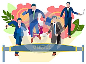 Output. Office staff run to the weekend. In minimalist style. Cartoon flat Vector