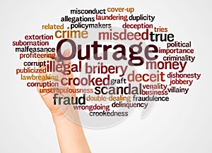 Outrage word cloud and hand with marker concept