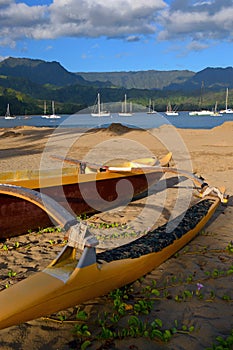 An outrigger canoe is ashore