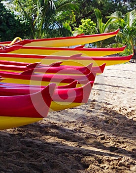 Outrigger canoes on the beach in Maui, Hawaii