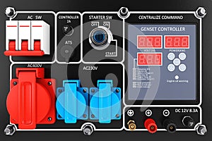 Outside Auxiliary Electric Power Generator Diesel Unit for Emergency Use Control Panel. 3d Rendering