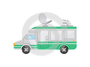 Outside broadcast van, side view. Truck with satellite dish antennas on roof. TV broadcasting car. Flat vector design