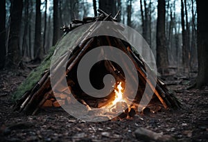 outside campfire hut fire forest Blanket Primitive debris shelter Bushcraft ring survival