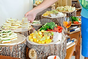 Outside Catering buffet table with a delicious food for guests of the event in rustic style. Service at business meeting, party, w