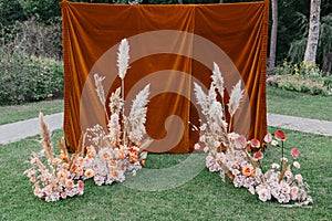 Outside ceremony, wedding arch, ceremony place and photo zone, boho style, holiday, decor for newlyweds at banquet