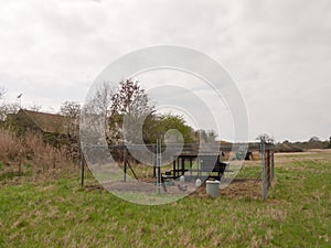 outside chicken hen coup fence gate farm field nature