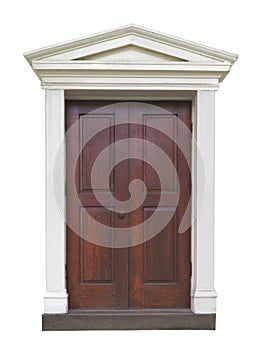 Outside door with fancy molding .