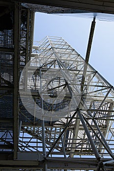 Outside geometrical construction with metal staircase