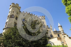 Outside of Hohenschwangau Castle under blue sky, one of famous landmark of Bavaria, Germany