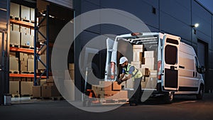 Outside of Logistics Distributions Warehouse Delivery Van: Worker Unloading Cardboard Boxes on Hand