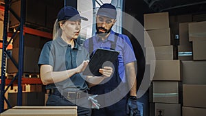 Outside of Logistics Distributions Warehouse With Inventory Manager Using Tablet Computer, talking