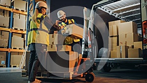 Outside of Logistics Retail Warehouse: Manager Using Tablet Computer and Scanner, talking to Worker