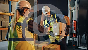 Outside of Logistics Retail Warehouse: Manager Using Tablet Computer and Scanner, talking to Worker