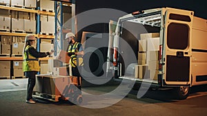 Outside of Logistics Retail Warehouse: Manager Using Tablet Computer and Scanner, talking to Worker