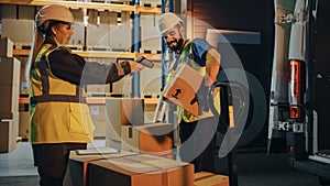 Outside of Logistics Retail Warehouse: Manager Using Tablet Computer and Scanner, talking to Worker