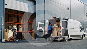 Outside of Logistics Retailer Warehouse With Manager Using Tablet Computer, Diverse Workers Loading
