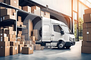 Outside of Logistics Warehouse with Open Door, Delivery Van Loaded with Cardboard Boxes. Truck Delivering Online Orders