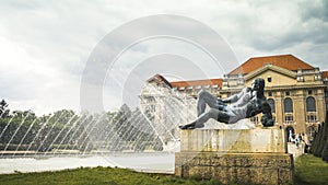 Outside the main buidling of the University of Debrecen with Fountain and Statues photo