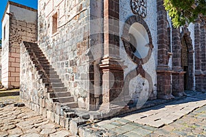 An outside stairway at the San Ignacio Mission