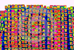 Outside stock of old manufactured wooden standard euro pallets in thermography scan.