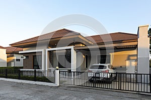 Outside view of the house with green fields against clear blue sky. Homes for Sale, Rent, Homes and Real Estate Concepts
