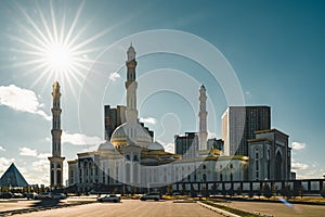 Outside view Mosque Hazrat Sultan in Astana capital of Kazakhstan on a clear day with sun blue sky