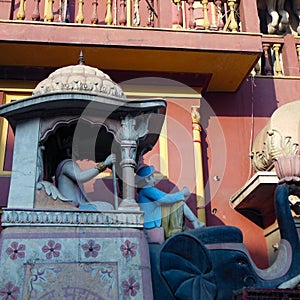 Outside view of Sankat Mochan Hanuman Mandir in Chandni Chowk market during morning time, Old temple in Delhi