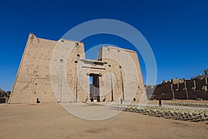 Outside View to the Great Temple at Abu Simbel with Ancient Egyptian Pillars and Drawing on the Walls