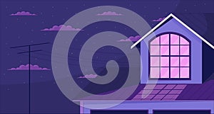 Outside window attic on starry night clouds 2D cartoon background