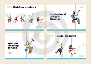 Outside window cleaning service landing pages set with cleaners hang outdoors washing glass wall