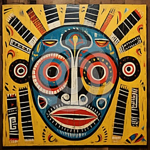 Outsider Art African Mask Inspired Painting On Wooden Background