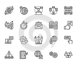 Outsource flat line icons set. Recruitment, partnership, teamwork, freelancer, part and full-time job vector