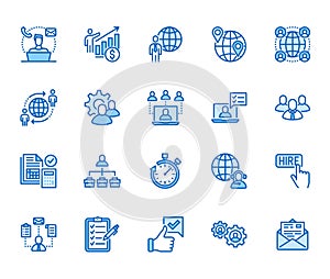 Outsource flat line icons set. Recruitment, partnership, teamwork, freelancer, part and full-time job vector