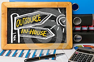 Outsource or in-house signpost hand drawing on blackboard photo