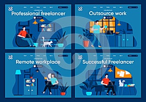 Outsource work flat landing pages set. Designers and developers working in home office scenes for website or CMS web