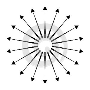 Outspreading, radial, radiating arrows. Diffusion, extension, spread and emission icon, symbol