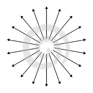 Outspreading, radial, radiating arrows. Diffusion, extension, spread and emission icon, symbol