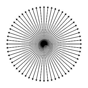 Outspreading, radial, radiating arrows. Diffusion, extension, spread and emission icon, symbol