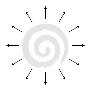 Outspreading, radial, radiating arrows. Diffusion, extension, spread and emission icon, symbol