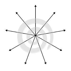 Outspreading, radial, radiating arrows. Diffusion, extension, spread and emission icon, symbol