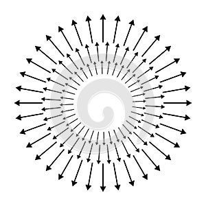 Outspreading, radial, radiating arrows. Diffusion, extension, spread and emission icon, symbol